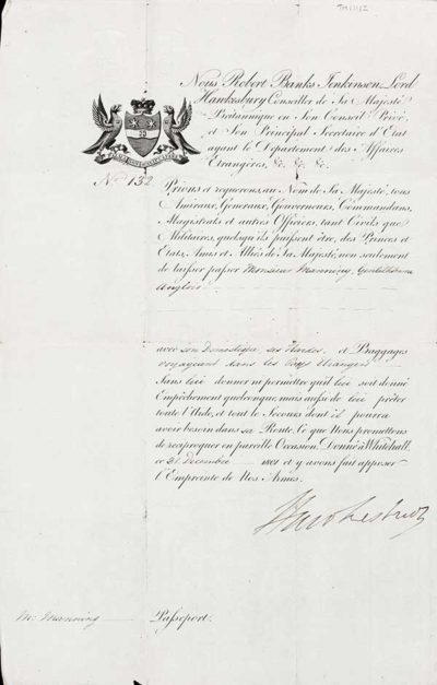 TM/11/2-Passport for Thomas Manning and his possessions to leave  from Robert Banks Jenkinson, Lord Hawkesbury