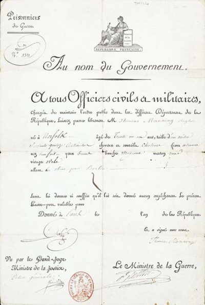 TM/11/4-Undated passport from Le Ministre de la Guerre to allow Thomas Manning to go free