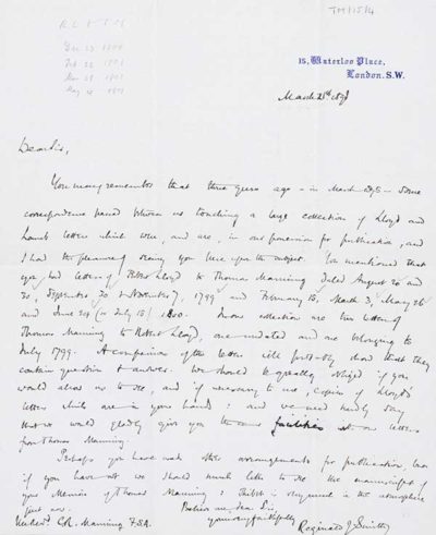 TM/15/4-letter from Edith Christina Johnson, Professor of English, Wellesley College, USA to The Time literary Supplement regarding an article on “The Letters of Charles Lamb” refuting the suggestion that Thomas Manning’s distinction was only in his friendship to Lamb