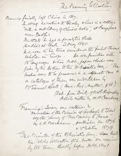 TM/17/3-Notes on Manning’s life, the donation of the books to the RAS and the process of identifying which in the RAS Collection originally belonged to Manning