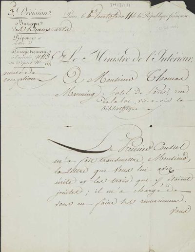 TM/3/1/01-Letter from Le Ministre de L’Interieur, 25 February 1803