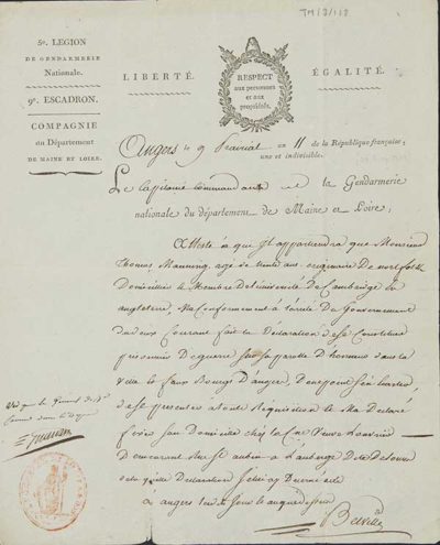 TM/3/1/02-Official notification from Belville, Le Capitaine commandant au la Gendarmerie , 29 May, 1803