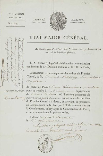 TM/3/1/04-Notification from État-Major Général, ay Quartier général, à Paris, [9 September 1803]
