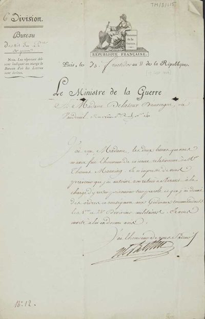 TM/3/1/05-Letter from Belville to Madame Delatour D’auvergne, 17 September 1803