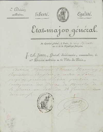 TM/3/1/08-Letter from J.A. Junot, Général divisionaire,Paris, 27 December 1803