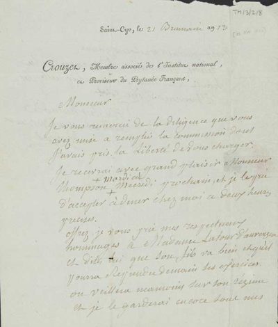 TM/3/2/08-Letter from Crouzet, Membre associé de l’Institue national, 12 November 1804