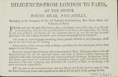 TM/3/4/1-Advertising card for the Diligence from London to Paris