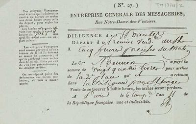 TM/3/4/2-Ticket to travel in the diligence of the Enterprise Generale des Messageries