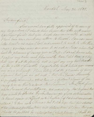 TM/4/3 Letter from H Robinson, Kendal to Rev William Manning, Diss, Norfolk