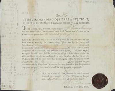 TM/5/21 Certificate of permission for Thomas Manning to proceed through the District of Rungpore