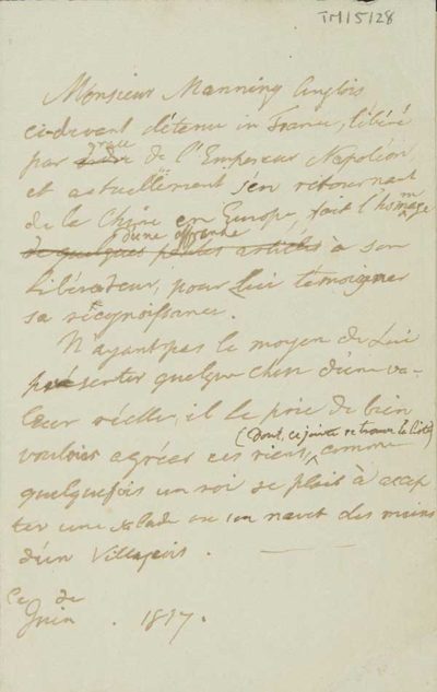 TM/5/28 Draft note from Thomas Manning to [Napoleon] requesting to visit Napoleon on Manning’s return from China