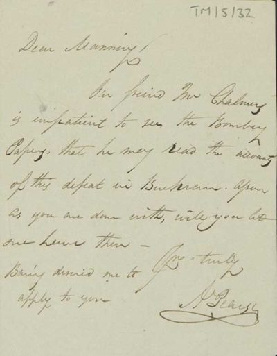TM/5/32 Note to Manning from [H Pearsy] asking Manning to give the Bombay Papers to Mr Cheburg when he has finished reading them