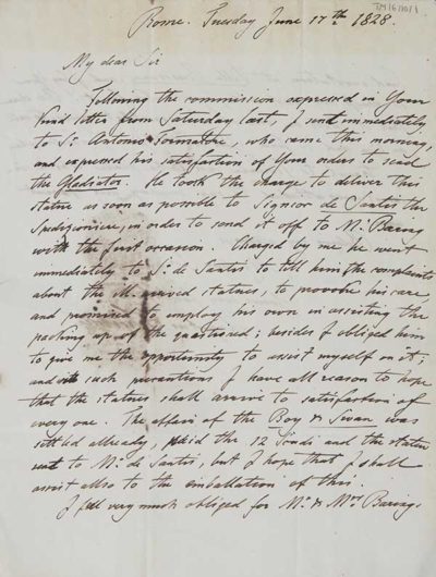 TM/6/10/1 Letter to Thomas Manning from Augustus [Trestner] regarding Manning’s acquisition of the statues Gladiator and Boy & Swan