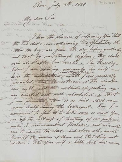 TM/6/10/2 Letter to Thomas Manning from Augustus [Trestner] to inform Manning that his statues have been packed and dispatched