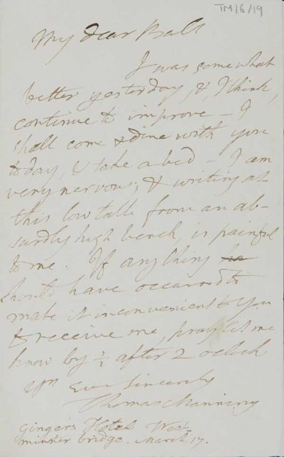 TM/6/19 Letter from Thomas Manning to  Samuel Ball asking whether it is still possible for him to dine with Ball that day