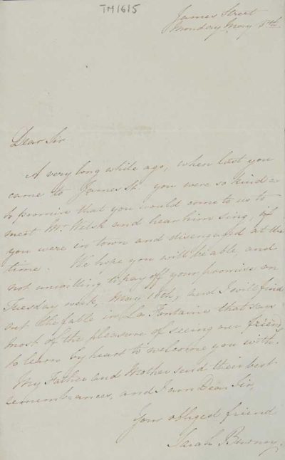 TM/6/05 Letter from Sarah Burney to Thomas Manning requesting that he comes to hear Mr Welsh sing