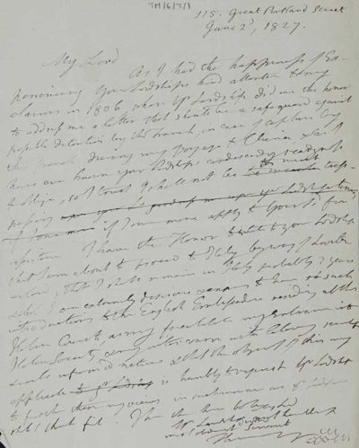 TM/6/07/1 Draft Letter from Thomas Manning to “My Lord” thanking him for a letter to carry travelling to China, in case of French Attack