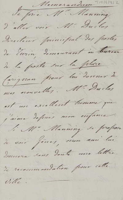 TM/6/08/2 Memorandum of introduction for Thomas Manning to Mr Duclas, “Directeur principal des postes” at Turin from Capitaine Cucchi