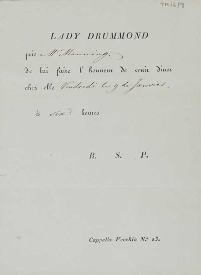 TM/6/09 Invitation from Lady Drummond to Thomas Manning to invite him to dine at 23 Cappella Vecchia (Naples)