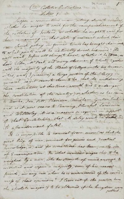 TM/9/10/1-Neat Drafts of seven letters “On Catholic Restrictions” concerning the restrictions in place on those of the Catholic faith