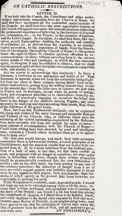 TM/9/10/3-Newspaper cuttings: Newspaper edition of The Times for 2 March 1825 in which is a report of the Parliamentary Discussion concerning Catholic Emancipation; 2 Cuttings for On Catholic Restrictions, Letter 1 by An Englishman; 1 cutting for On Catholic Restrictions Letter II by An Englishman