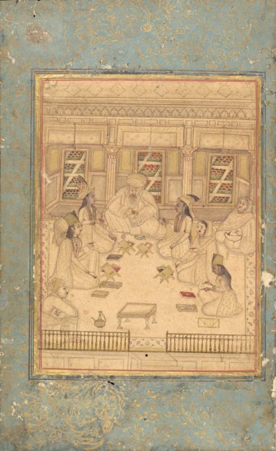 [RAS Persian 258, 3b] Mughal drawing showing a bearded and turbaned teacher with a class of female students and attendants