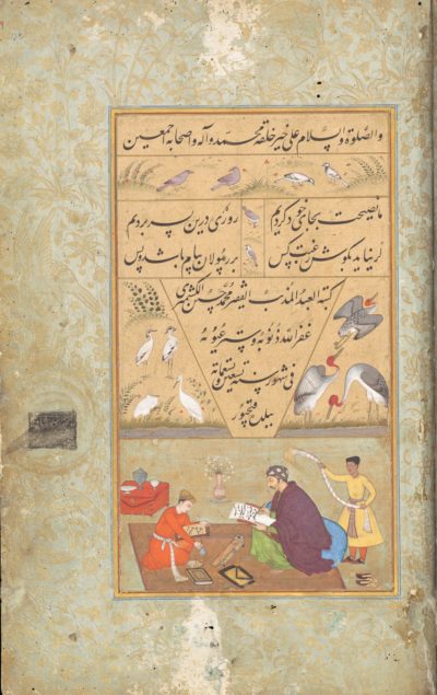 [RAS Persian 258, 128b] The painter Manohara and the calligrapher Muhammad Husayn Kashmiri
