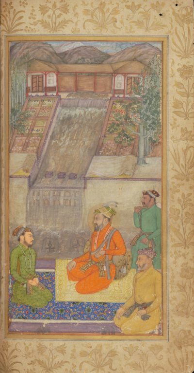 [RAS Persian 310, 15b] Shah Jehan seated with Dara Shikoh and Asaf Khan with five courtiers