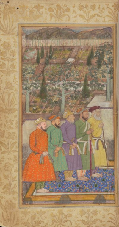 [RAS Persian 310, 16a] Five courtiers with Shah Jehan seated with Dara Shikoh and Asaf Khan