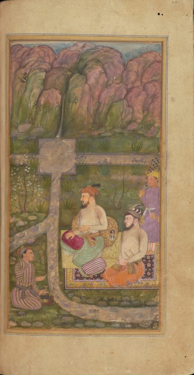 [RAS Persian 310, 22b] Zafar Khan and his brother, Khorshid Nazar reclining by a stream