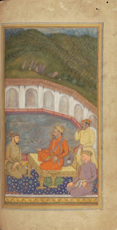 [RAS Persian 310, 25b] Shah Jehan, Dara Shikoh, Asaf Khan and four nobles on a terrace overlooking a tank