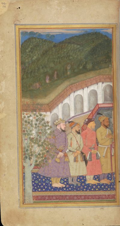 [RAS Persian 310, 26a] Four nobles with Shah Jehan, Dara Shikoh, and Asaf Khan on a terrace overlooking a tank