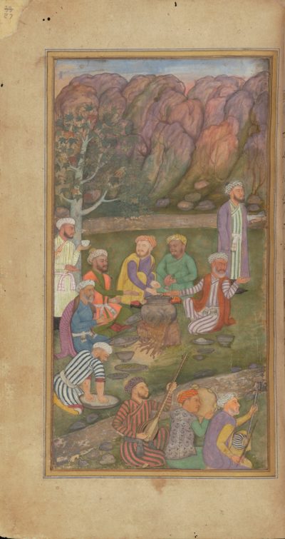 [RAS Persian 310, 27a] Zafar Khan with musicians outdoors