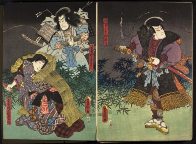 [RAS 077.001, 171-172] O-Toki clutches the sword-scabbard of Tomoyuki, with a ghost