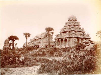 [Photo.12/(015)] The Seven Pagodas [Mamallapuram], General view of the rathas (monolithic temples), Dharmaraja’s in foreground