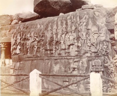 [Photo.12/(022)] The Seven Pagodas [Mamallapuram], nearer view of the left portion of the carvings [Arjuna’s Penance]