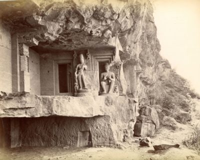 [Photo.14/(005)] Side porch of rock-cut temple with sculptured figures