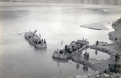 [Photo.86/2(074)] Wooden boats on the Tsang Po at Chaksang, crossing the river to Lhasa, 1936